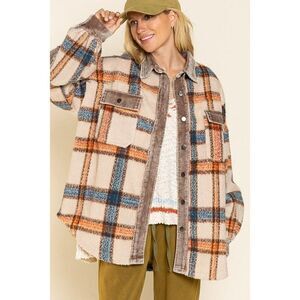 POL CLOTHING BEIGE MULTI PLAID SHACKET CORDUROY OVERSIZED FIT STYLE SMJ199 NEW